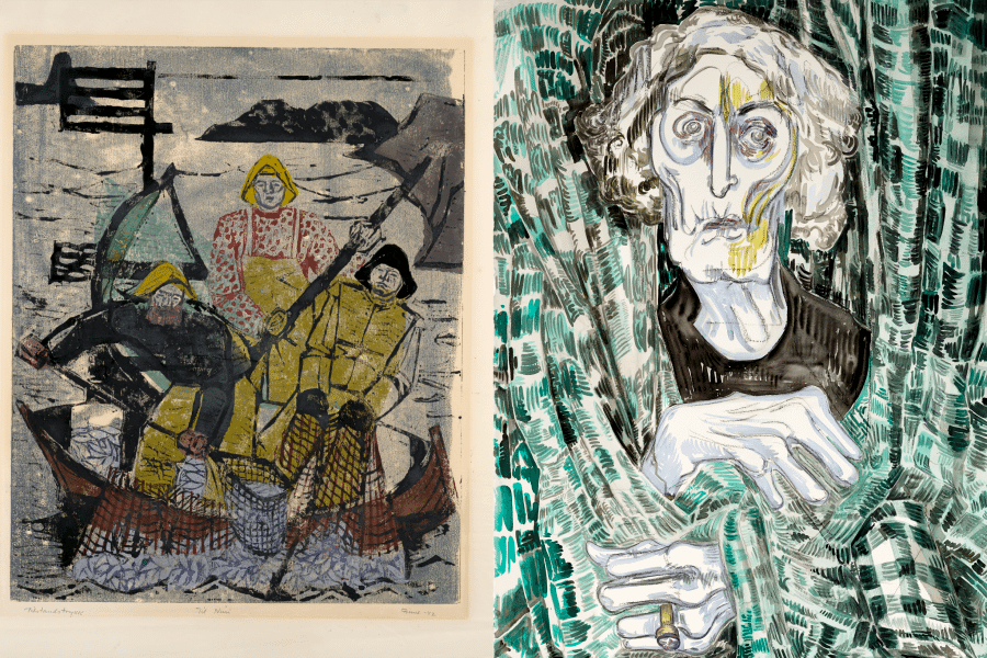 Left: Henrik Finne, Fiskere (Fishermen), (Three fishermen in a boat, hauling nets out of the sea; proof state) 1942, Colour woodcut. Right: Vanessa Baird, My Mother; (elderly female figure emerging from behind curtains) 2019, Watercolour