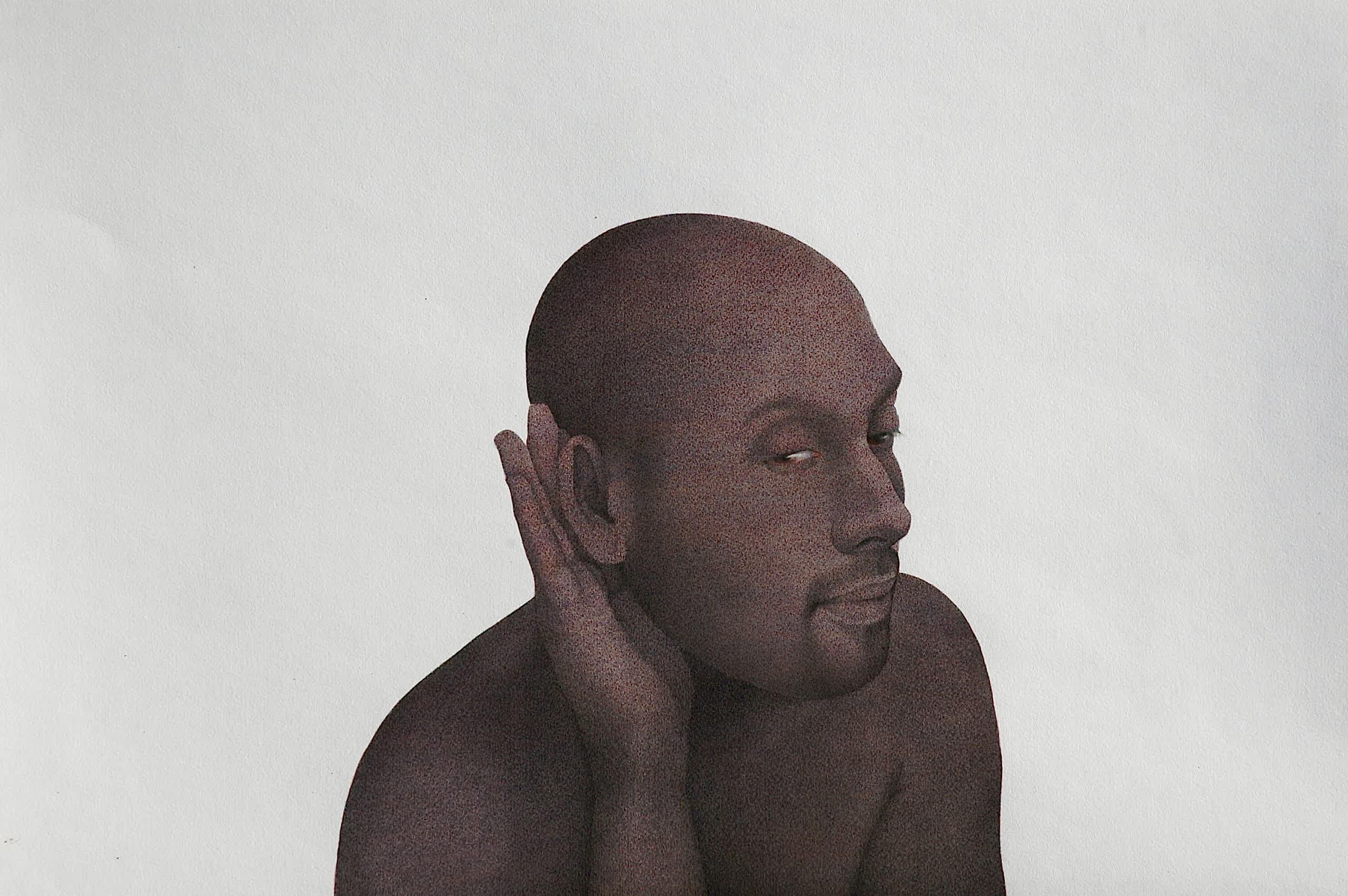 Watercolour pigments on wasli paper: a masculine black figure, with a small beard, turns his ear to the viewer and cups his hand around his ear in a gesture of listening