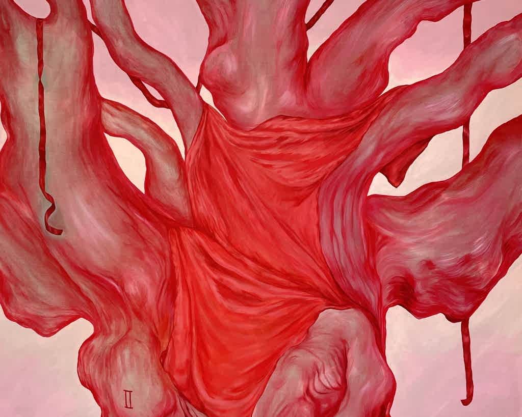 A detail of a Sylwia Narbutt painting, ribbons and fabric hang from a tree painted in red and pink