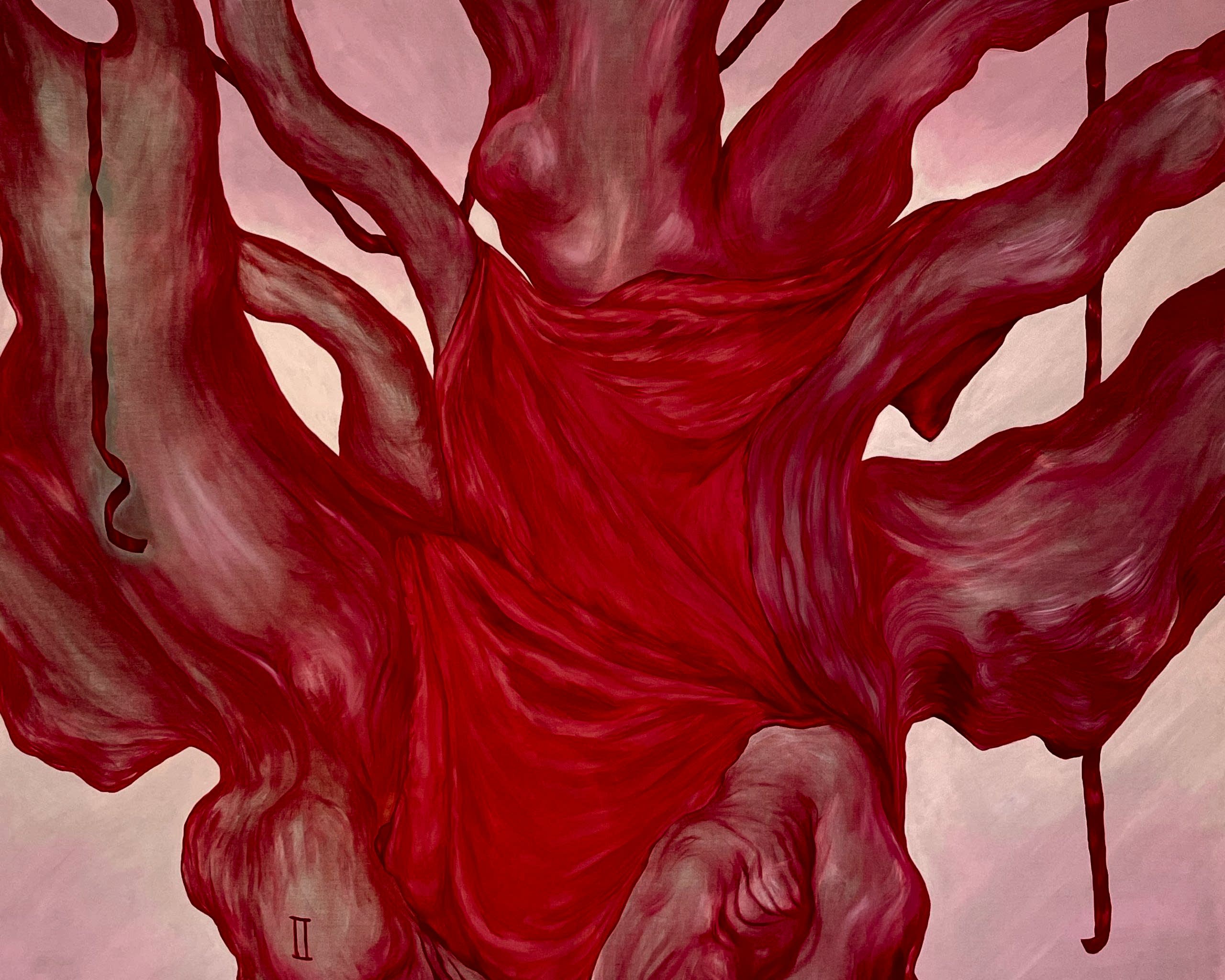 A detail of a Sylwia Narbutt painting, ribbons and fabric hang from a tree painted in red and pink